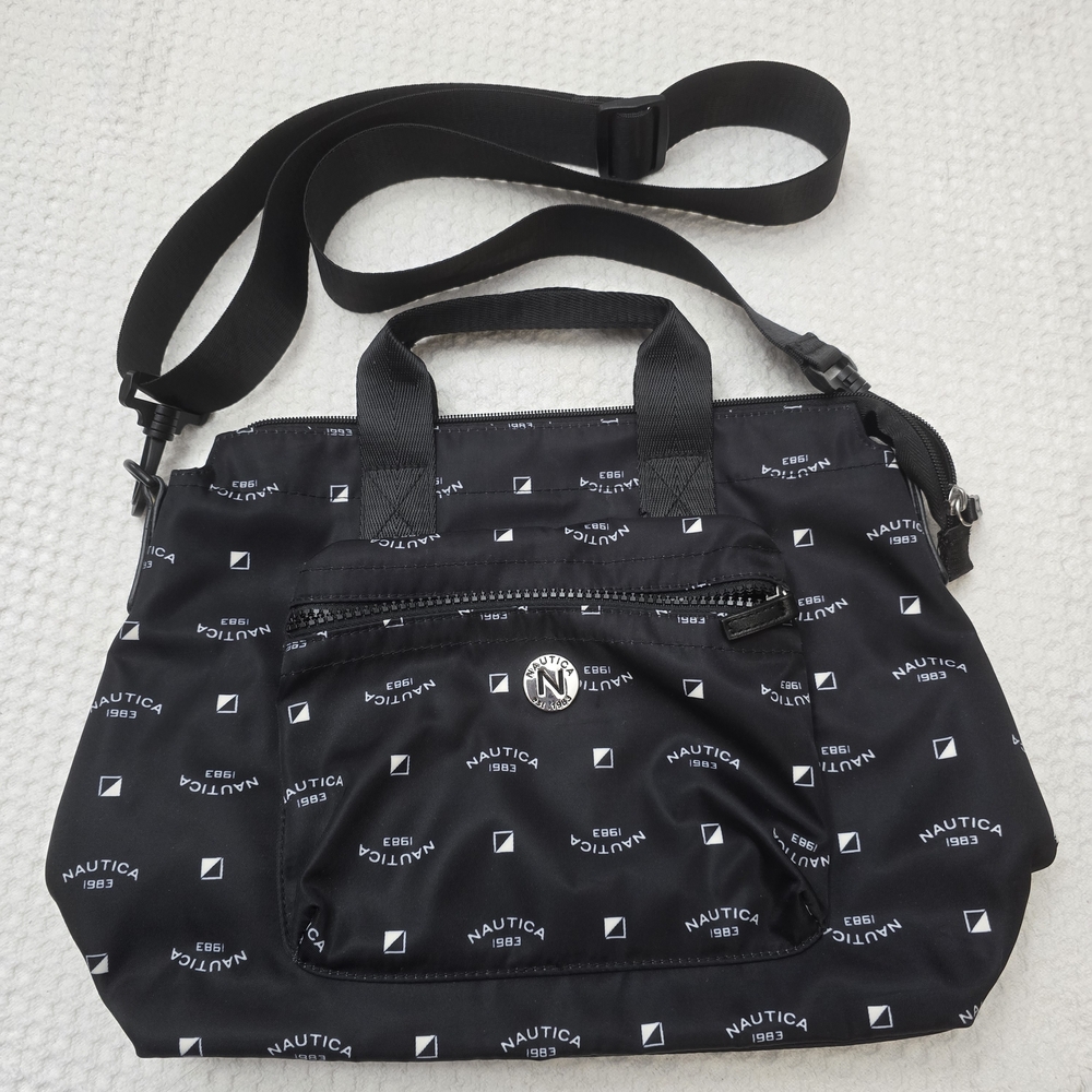Nautica Black Logo Print Messenger Bag with Silver Accent